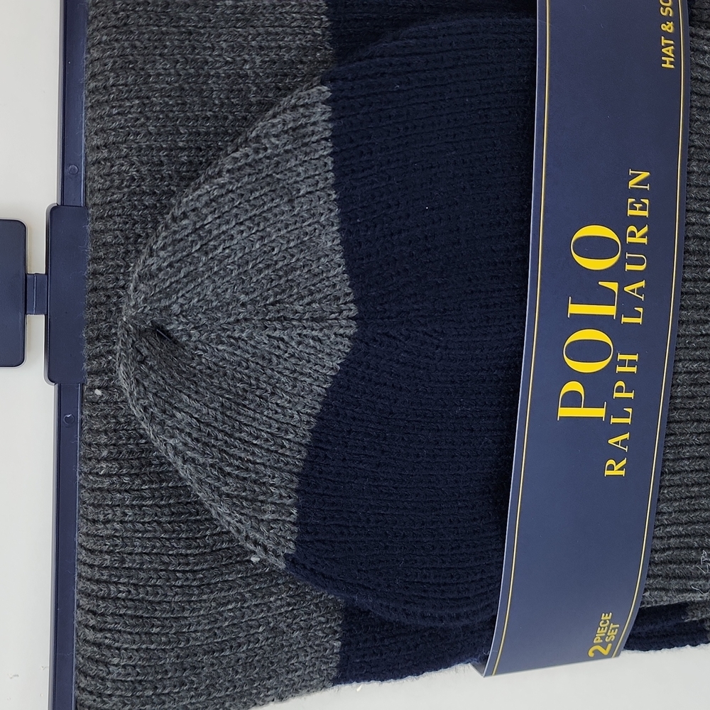 POLO RALPH LAUREN 2 PIECE SET, GREY & NAVY HAT & SCARF - Picture 2 of 12